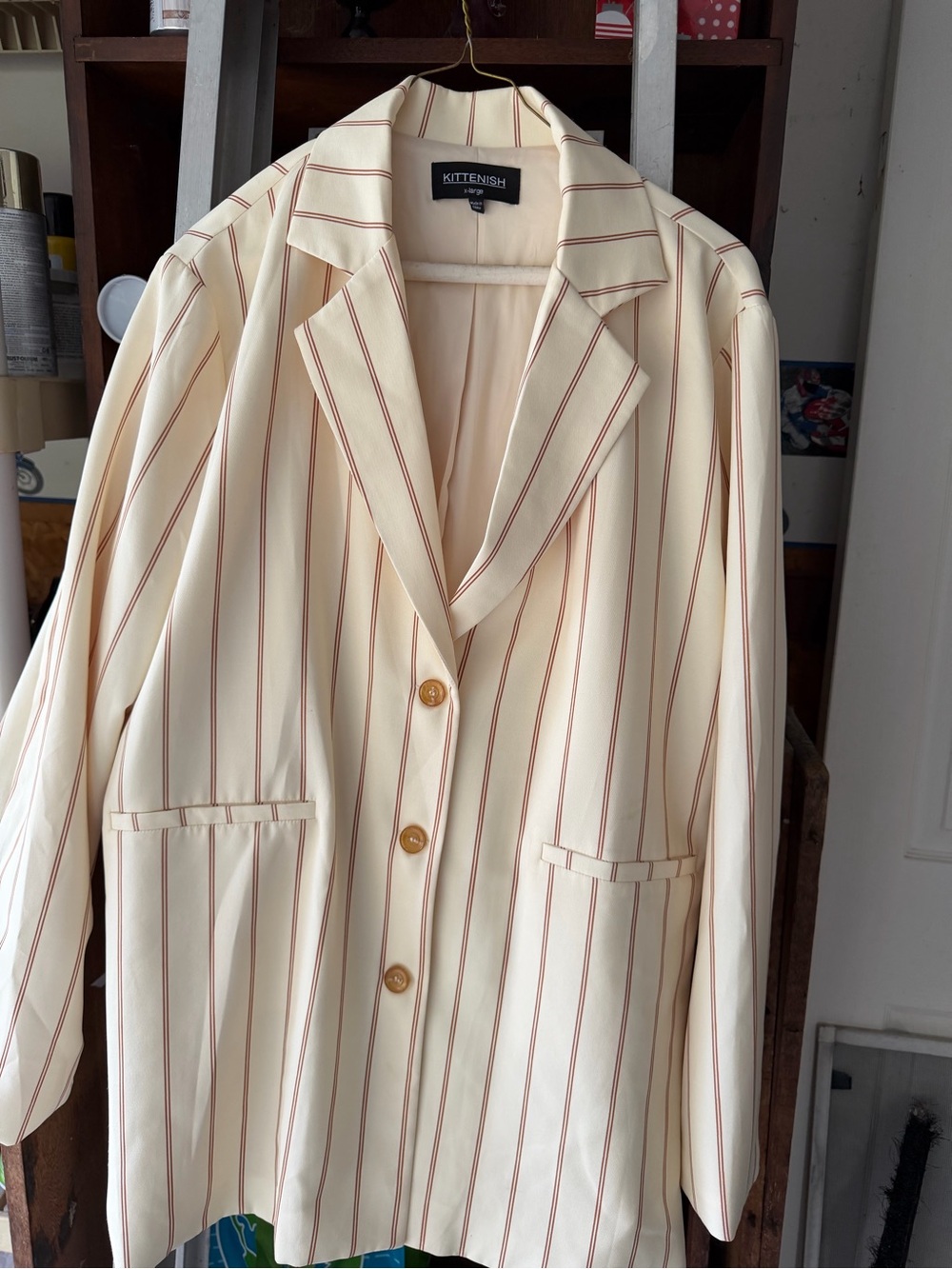 Kittenish Soft Butter Yellow Blazer with Rust Pinstripes